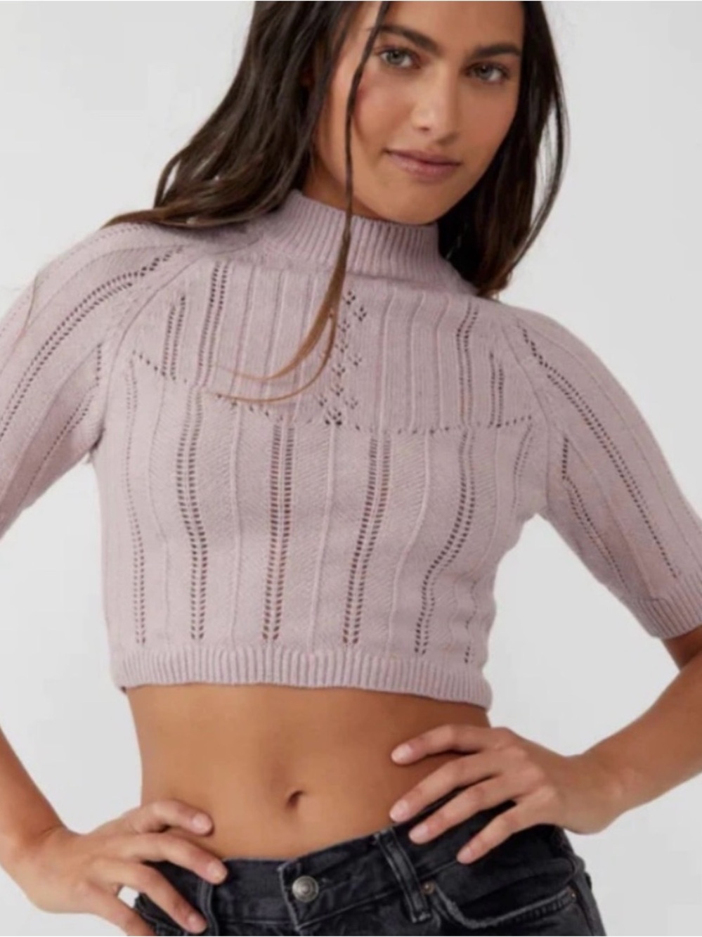 Free People “Romy Swit “ Cropped Mock Neck Sweater in Silverberry